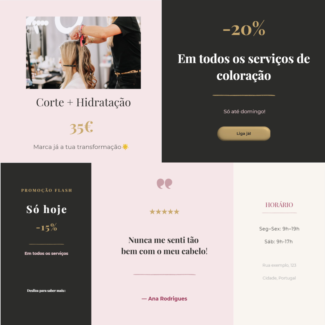 Pack Redes Sociais para Cabeleireiros — 20 Templates Editáveis